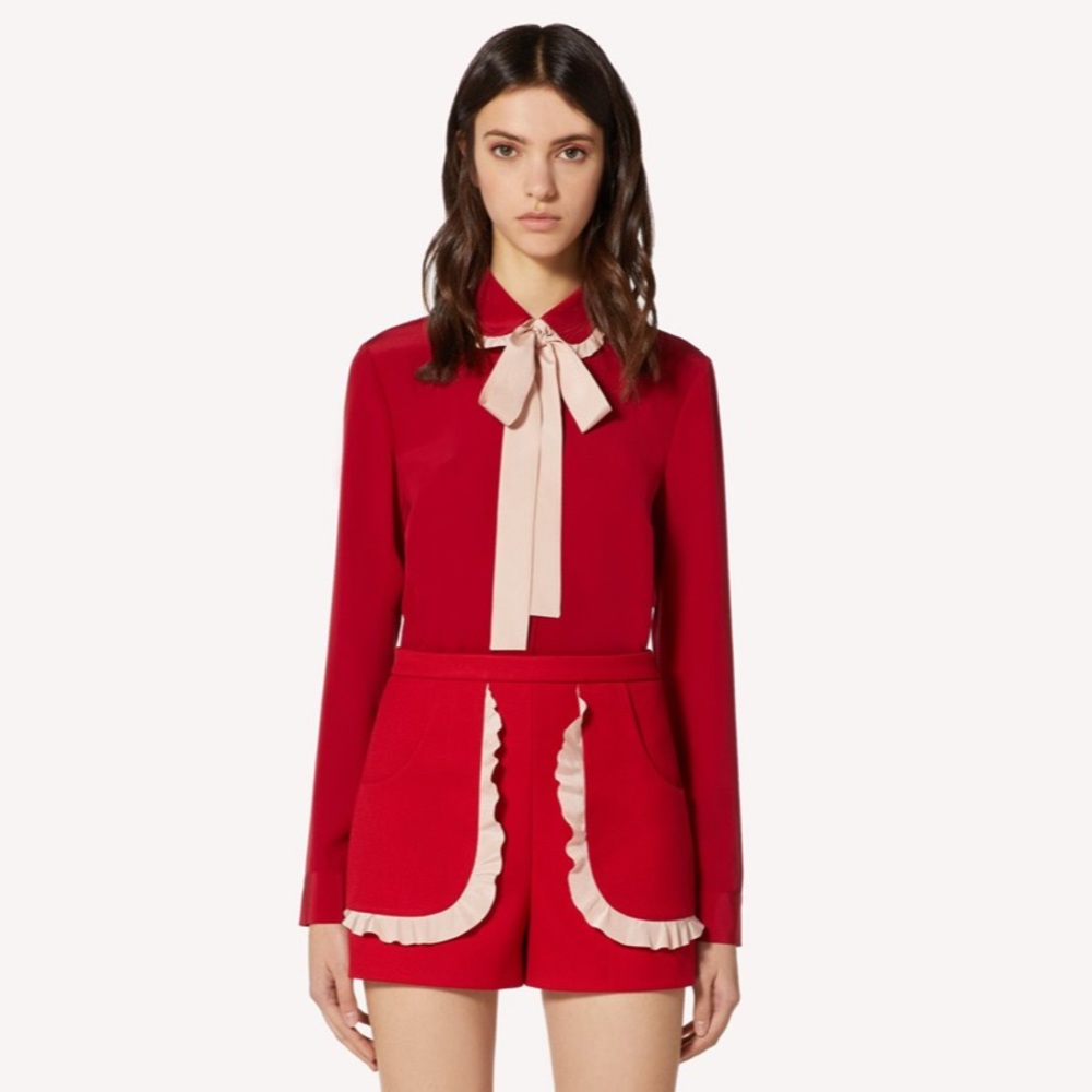 RED Valentino Silk Crepe Ruffle Tie Neck Button Down Blouse Red IT 38 US 2